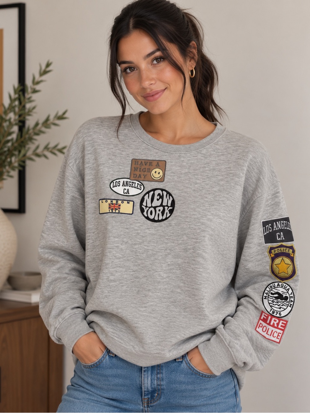 Social Scene Women’s Gray Crewneck Sweatshirt with Patch Details